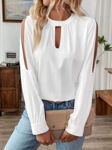 SHEIN LUNE 女士休闲露肩泡泡袖立领都市通勤时尚衬衫 - 白色 - 查看 1