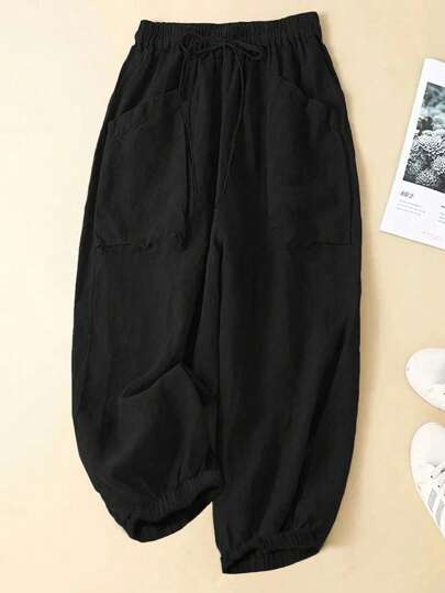 Plus Size Solid Color Front Tie Pocket Simple Casual Pants, Daily Casual Wear