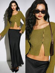 Poéselle Women's Green Round Neck Button Long Sleeve Cutoff Funky Cardigan, Green Pullover Knit, Green Plush Fabric, Soft Feeling, Comfortable To Wear, Hem Slit, Suitable For Fall And Winter Season, Fall And Winter Season, Comfortable And Warm, Can Also Be Worn In Simple And Fashionable, Y2K Style, Siren Office, Suitable For Everyday Street, Commuting, Home, Holiday Wearing