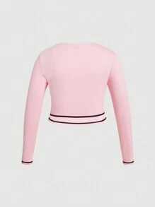 SHEIN MOD 大码女式复古学院风撞色边饰长袖 T 恤，粉色 - 粉色 - 查看 2