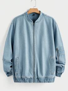 Manfinity Hypemode Plus Size Men's Light Blue Plain Washed Casual Baseball Denim Jacket, For Going Out
