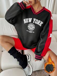 SHEIN SXY Casual Oversized Fleeced Pullover Hoodie With American Style Graphic Print, Warm For Autumn & Winter