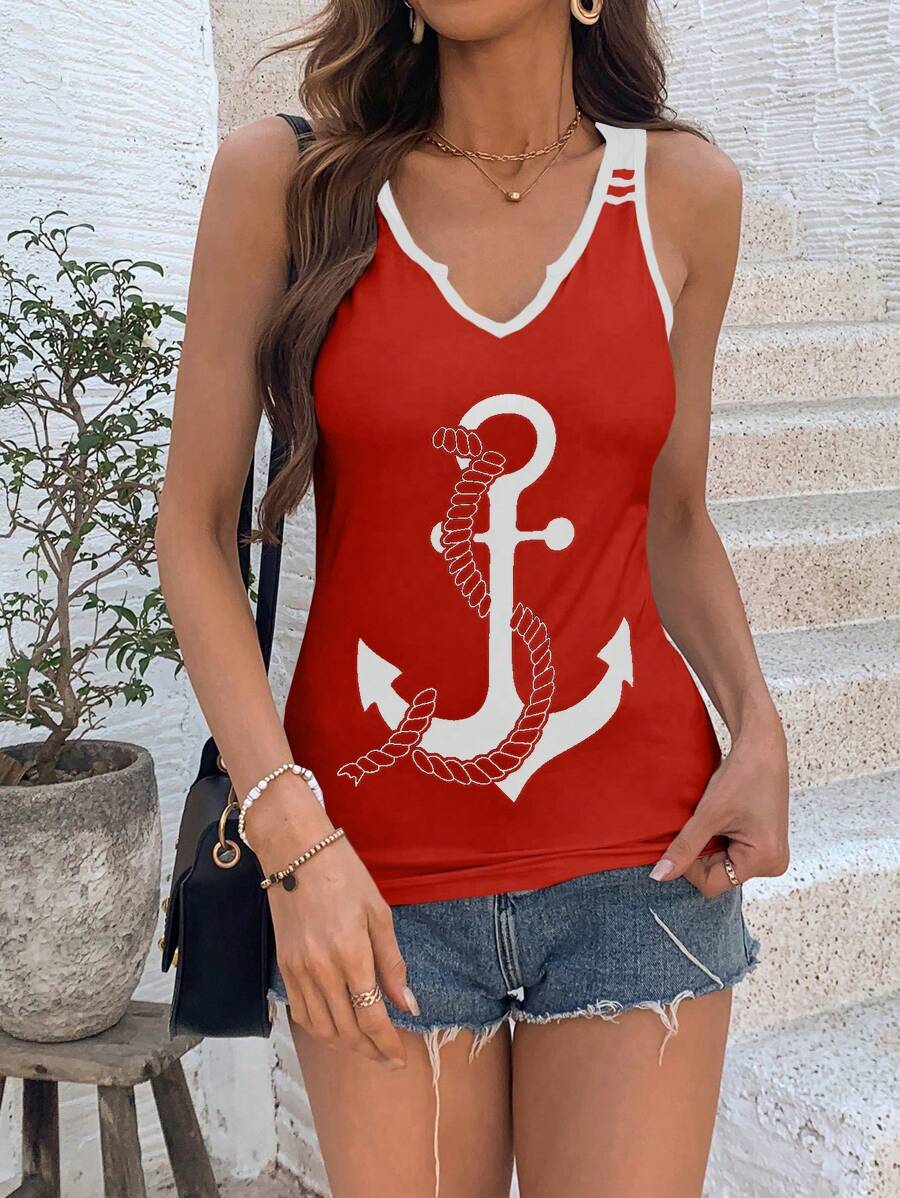 SHEIN LUNE Women's V-Neck Anchor Print Sleeveless Casual Tank Top For Summer