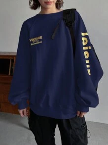 FRIFUL 女士字母印花插肩袖长袖宽松休闲运动衫，春秋季 - 藏蓝色 - 查看 4