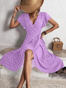 Breezaya Váy mùa hè tay ngắn cổ chữ V in chấm bi quấn phía trước - Màu tím - Xem 1