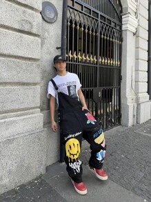 Manfinity EMRG Y2K 男士休闲涂鸦印花牛仔背带裤 - 黑色 - 查看 8