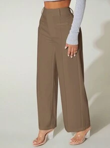 SHEIN PETITE 高腰阔腿夏季连衣裙裤子 - 咖啡棕 - 查看 4
