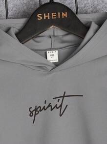 SHEIN 2 件套年轻男孩休闲舒适连帽长袖运动衫和宽松印花运动裤套装，秋冬 - 灰色 - 查看 4