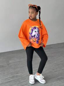 SHEIN 2 件 Tween Girl 2024 新款休闲万圣节南瓜印花蝙蝠袖运动衫和骑行裤套装南瓜斜挎包，适合万圣节派对 - 彩色 - 查看 6