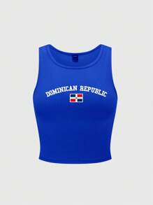 Flirla Women's Y2K Dominican Republic Flag Cropped Tank Top, Summer Graphic Tees Women Tops - Blue - View 3