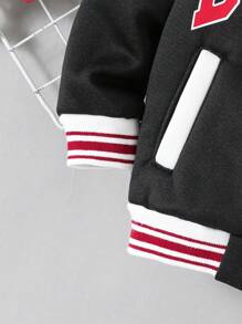 SHEIN Casual Sports BOSTON Letter Print Ribbed Collar Cuff Hem Black Varsity Jacket For Young Boys. The Ribbed Collar, Cuffs, And Hem Design Adds Layers And Texture To The Jacket. Suitable For Autumn And Winter, Suitable For Young Boys To Wear During Casual, Sports Or Outdoor Activities, Showing A Fashionable And Personalized Style Of Dressing. The Black Design Makes The Jacket More Versatile And Easy To Match With Various Bottoms Such As Jeans And Casual Pants, Paired With Athletic Or Casual Shoes, Showcasing A Fashionable And Casual Look. This Jacket Will Become A Beloved Item In The Boy's Wardrobe, Adding More Fashion And Taste To Their Daily Wear. Suitable For School, Classic And Timeless, Comfortable And Stylish. - Black - View 4