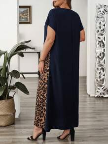 EMERY ROSE 加大撞色豹纹贴袋短袖夏装连衣裙夏季服装休闲女装连衣裙 - 藏蓝色 - 查看 2