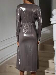 Femmeiva Fashionable Sexy Solid Shiny Fabric Deep V Wrap-Style Ruched Waist Long Sleeve Mid-Length Dress For Women Fall Cloth For Women - Light Grey - View 3