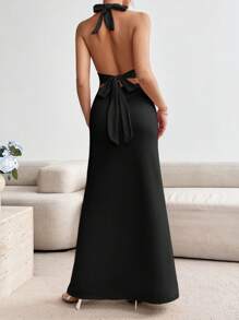 Rafferiza Women's Halter Neck Ruched Backless Fit & Flare Bowknot Elegant Dress Maxi Women Outfit - Black - View 7