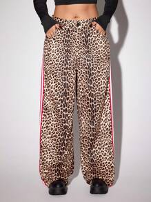 SHEIN ICON 大码女式修身豹纹拼色条纹直筒裤 - 棕色 - 查看 6