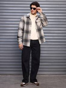 Manfinity VCAY 男士法兰绒格子修身翻领长袖针织大衣，工作复古保暖大衣，适合朋友、丈夫、男朋友的礼物，适合秋冬 - 彩色 - 查看 5