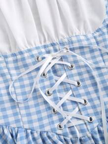 Sweetra 蓝色 & 白色格纹印花长袖束带迷你连衣裙 - 藍白色 - 查看 3