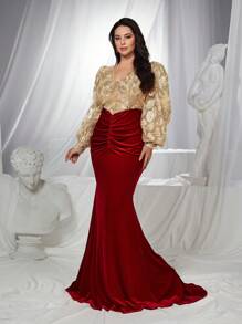 Glamrae Vestido de fiesta formal de longitud hasta el suelo con cola de pez, manga larga, volantes asimétricos, tejido de satén elástico con bloque de color y bordado elegante y de lujo, para eventos como graduación, cena, invitado de boda en talla grande