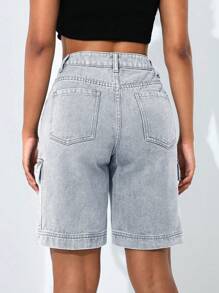 SHEIN PETITE Women Solid Color Summer Casual Cargo Style Denim Shorts,Jorts - Light Grey - View 2