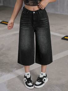 SHEIN Teen Girls Y2K Style Loose Fit Black Bermuda Denim Jeans, Back To School Cute Clothes Outfits, Autumn - Black - View 6