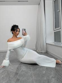 Selianne 女式纯色简约休闲露肩连衣裙，配有流苏袖口饰边，长款女装 - 白色 - 查看 6