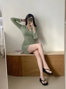 DAZY Women's Solid Color Simple Daily Bell Sleeve Dress,Mini Dress,Casual Women Dresses - Green - View 6