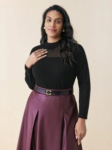 BizChic Plus Size Sheer Panel Front Long Sleeve Pullover Sweater - Black - View 6