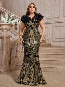 SHEIN Belle Vestido de noche elegante estilo cola de sirena con volantes y lentejuelas de champán de lujo de talla grande, vestido de graduación formal negro para invitada de boda, cena o fiesta - Negro - Ver 3