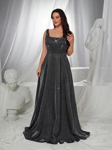 SHEIN Belle Váy dạ hội chữ A cổ vuông buộc dây xương cá màu tím đậm cỡ lớn, váy dạ hội trang trọng thanh lịch, dành cho khách dự tiệc cưới, tốt nghiệp, tiệc tối - Màu xanh lam - Xem 6