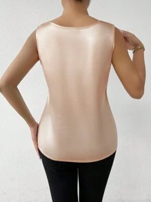 Chiquease 女士无袖衬衫，缎面与蕾丝撞色 - 卡其色 - 查看 2