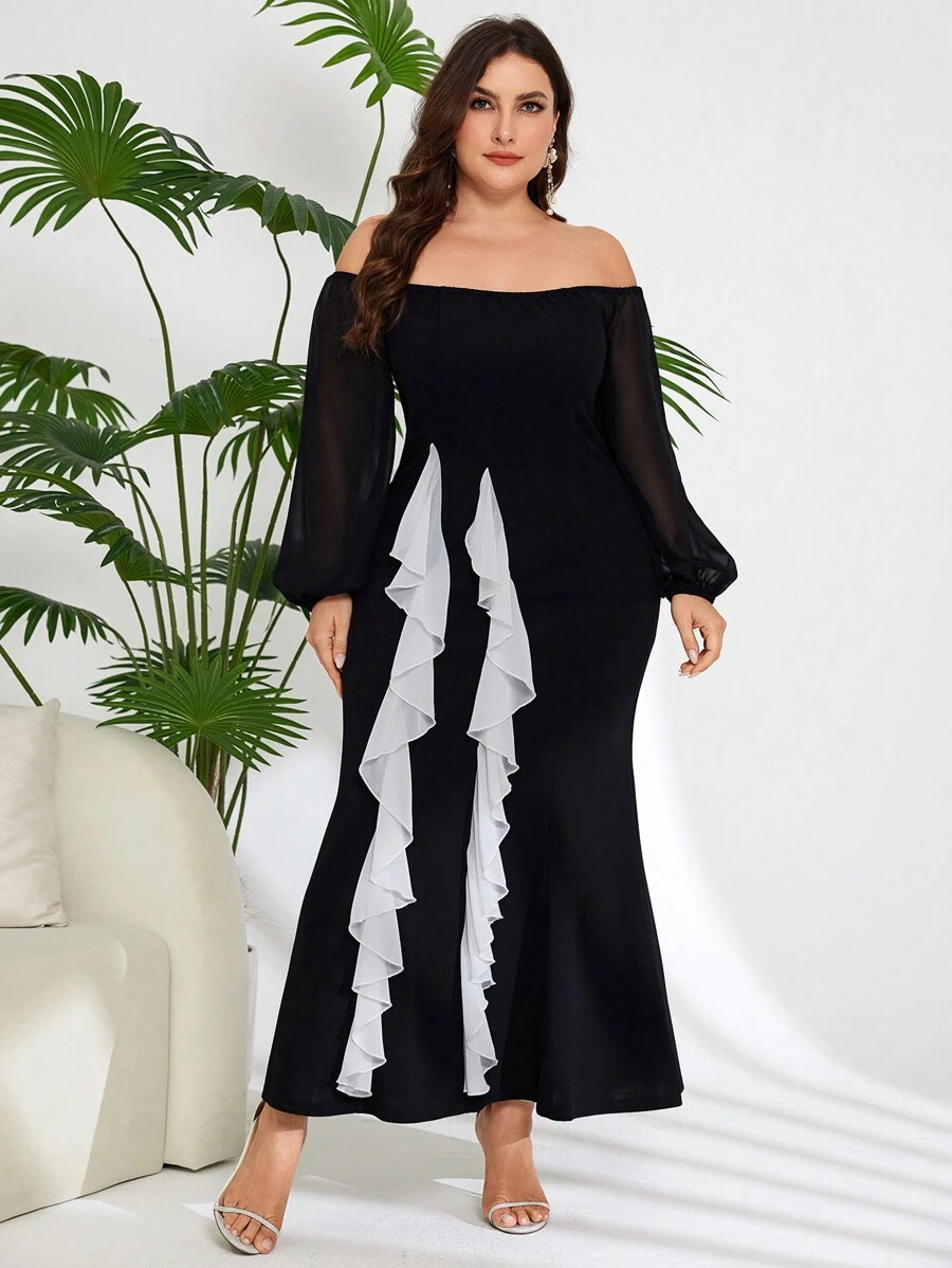 Modelyn 大碼女士彩色拼接簡約日常露肩連衣裙 - 黑色 - 查看 1