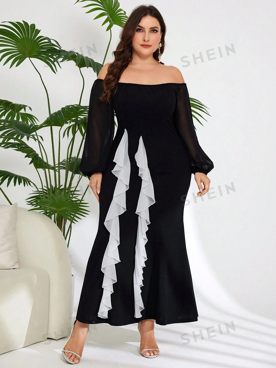 Modelyn Rochie de zi cu umăr dezactivată simplă, cu bloc de culoare, de mărime Plus - Negru - Vizualizare 1