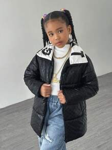 Tween Girls  Casual Stand Collar Cropped Jacket - Black - View 4