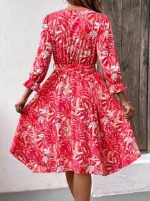 SHEIN LUNE Women Tropical Plant Printed Half-Placket Vacation Dress - Multicolor - View 2