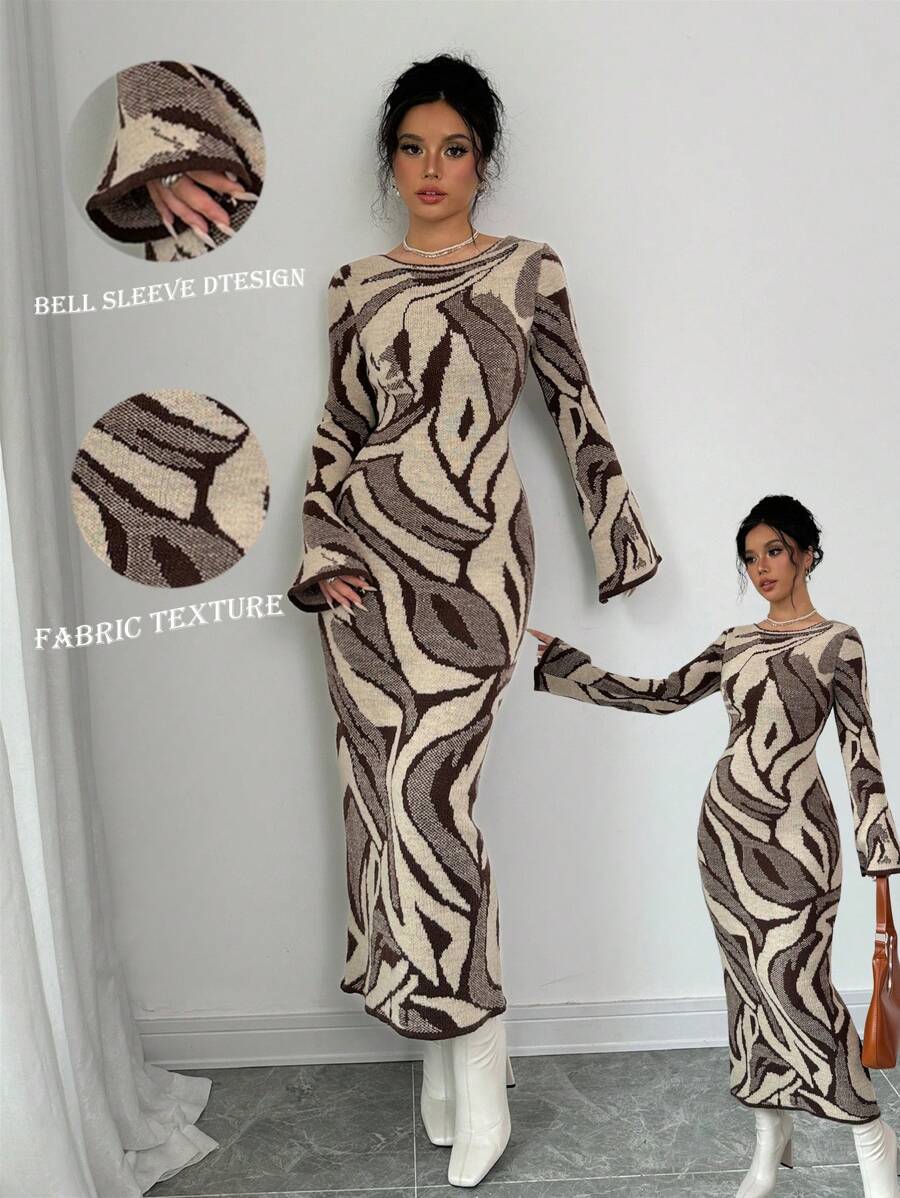 Selianne 女式修身喇叭袖图案针织毛衣连衣裙，秋冬季 - 彩色 - 查看 1
