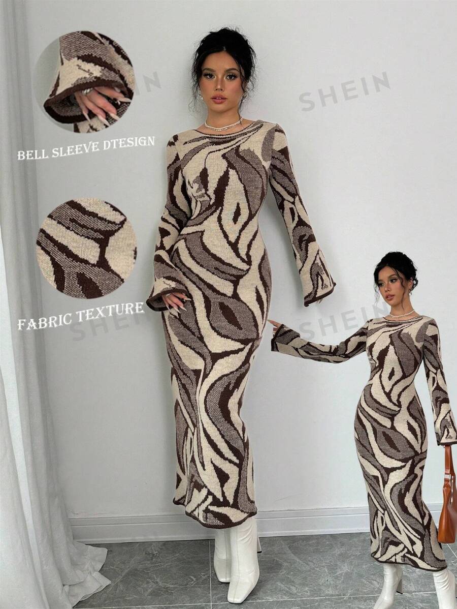 Selianne Vestido de punto con manga acampanada ajustada, otoño e invierno - Multicolor - Ver 1