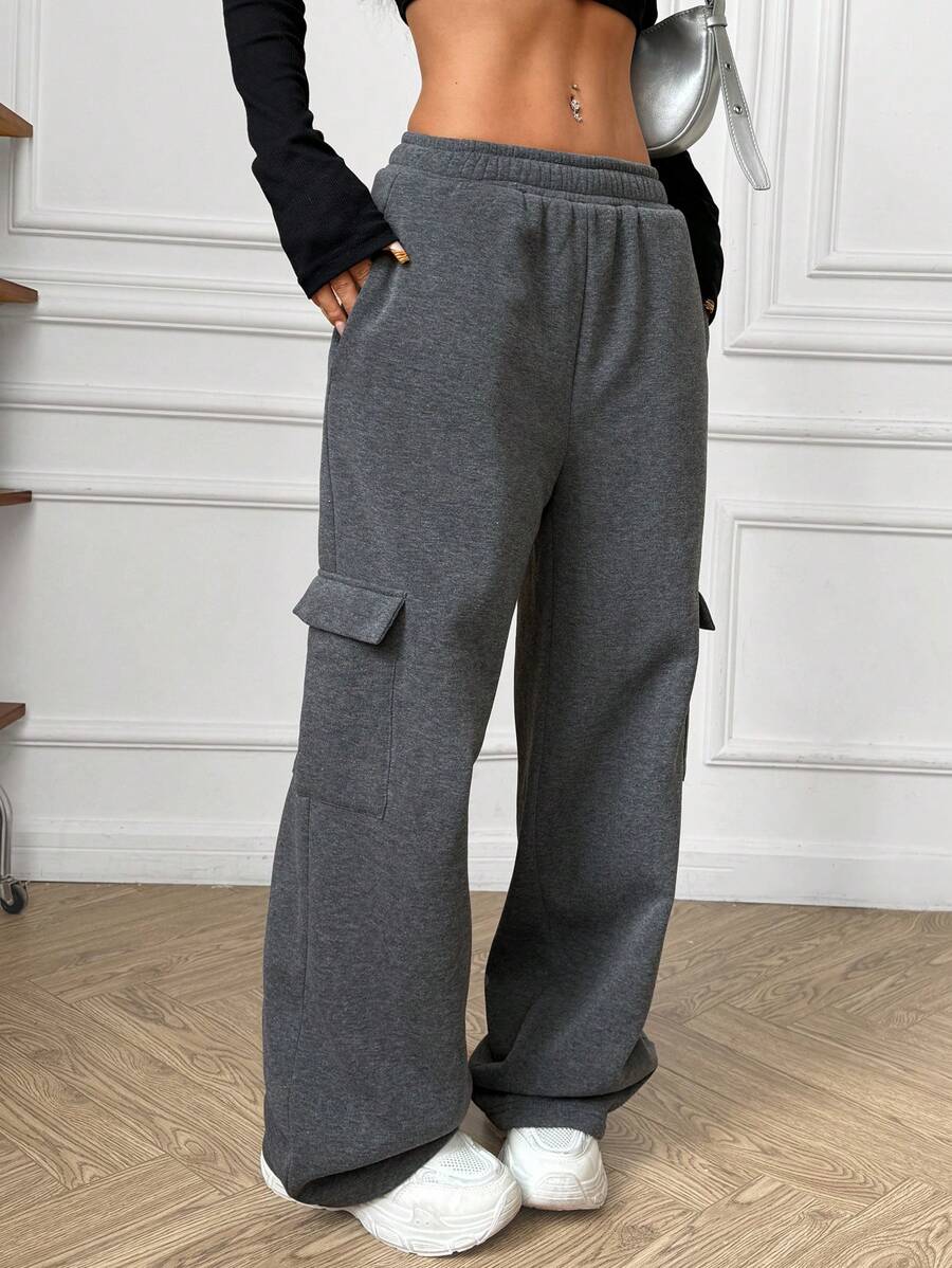 SHEIN Unity 女式纯色弹性腰部针织多口袋长裤 - 深灰色 - 查看 1