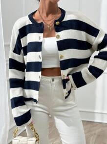 EURMUSE 女士条纹圆领前扣开衫