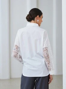 SHEIN Privé Blus Lengan Panjang Wanita Sederhana, Elegan, Kontras Renda, Kasual, Serbaguna untuk Musim Gugur - Putih - View 3