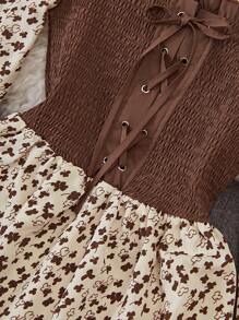 Omancia 女士随机印花腰带长袖简约休闲连衣裙长款女装 - 彩色 - 查看 5