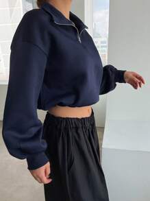 DAZY Sudadera con capucha de unicolor con cremallera y cordón en el bajo, ropa de otoño - Azul Marino - Ver 7