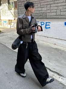 DAZY Jeans amples à poches de couleur unie à jambes larges pour hommes, automne, vêtements de rentrée scolaire, grunge - Noir - Voir 9