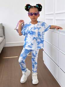 SHEIN Young Girl Tie-Dye Patterned Round Neck Short Sleeve T-Shirt And Long Pants Set