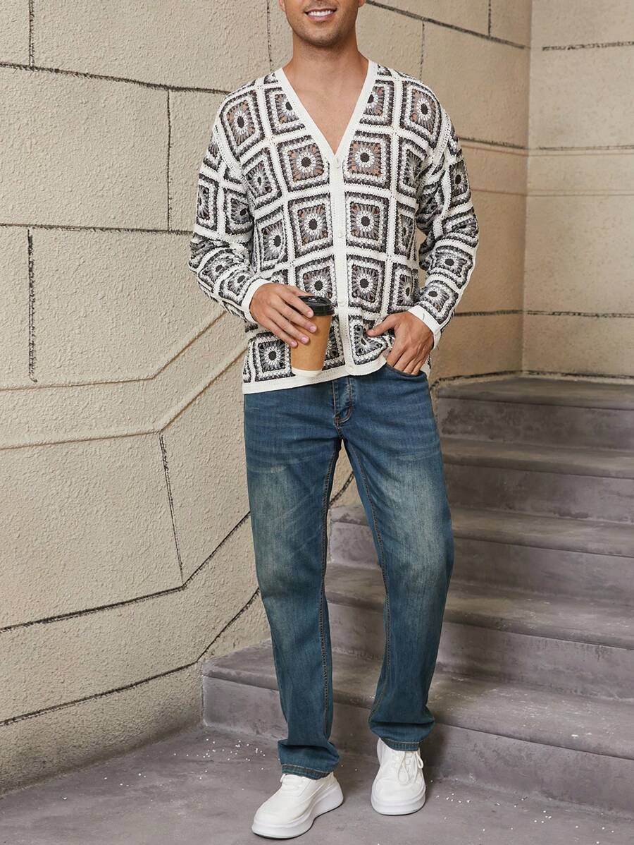 Manfinity Homme Herren Lässig Häkel-Cardigan, Frühling und Herbst