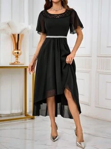 SHEIN Belle Vestido formal de unicolor con encaje de contraste de bajo a alto, vestido de cóctel elegante para fiesta de graduación, boda o invitada