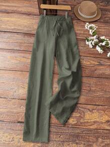 EMERY ROSE 休閒實色束腰寬腿褲 - 軍綠色 - 查看 3