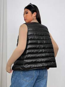SHEIN EZwear 大码女式秋冬休闲百搭连帽无袖羽绒羽绒大衣背心带口袋黑色可压缩保暖 - 黑色 - 查看 8