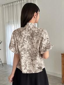 FRIFUL 女士花卉印花 V 领短袖前系带优雅衬衫，夏季 - 棕色 - 查看 5