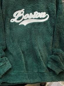 SHEIN 1 件休闲舒适百搭保暖手写字母印花羊毛高领运动衫，适合青少年男孩，秋冬季 - 綠色 - 查看 5