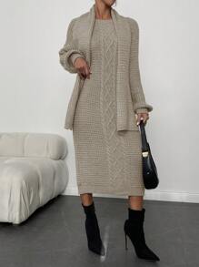 EURMUSE Màu thuần Dệt kim Đầm Với Xoắn Hoa , Thả vai Và Lỏng lẻo phù hợp - Màu be - Xem 5